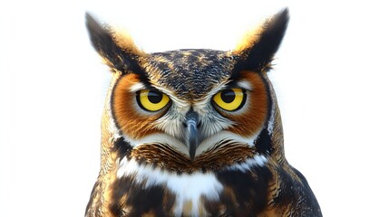 Fototapeta premium Close-Up of a Majestic Owl with Intense Yellow Eyes and Detailed Feathers in Natural Light