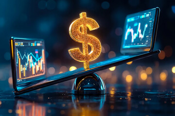 Golden sparkling dollar symbol balances on a swing between two laptops with market charts. The concept of financial equilibrium, currency fluctuations, trading and investment risks