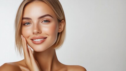 A portrait of a beautiful young woman with blonde hair, with flawless skin, hand touching her face, natural beauty, skin care model concept, copy space for text, off white background