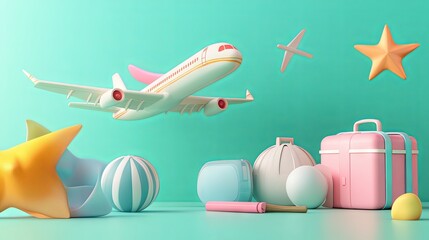 Summer vacation concept, 3D illustration of airplane and vacation attributes