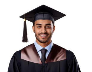 Portrait of a smiling university graduate in cap and gown, isolated on transparent