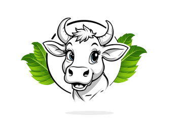 Vector illustration drawing for a cow cartoon character design with green leaves ready for colouring icon symbol animal design.