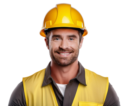 Portrait of a smiling construction worker in a yellow helmet, isolated on white
