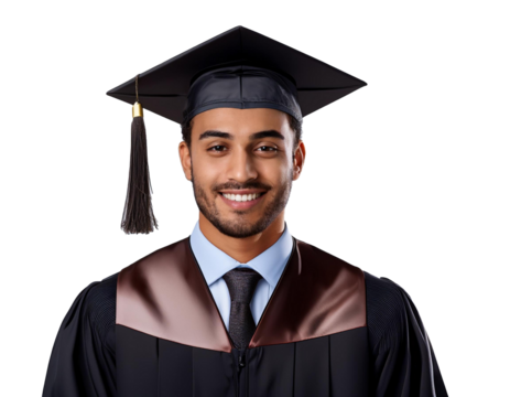 Portrait of a smiling university graduate in cap and gown, isolated on transparent