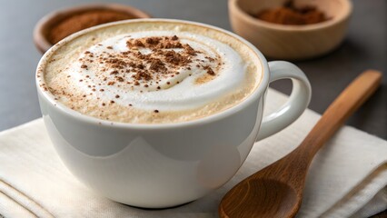 Aromatic Cappuccino Coffee Drink in White Cup Cinnamon Topping Close Up