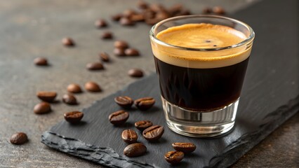 Aromatic Espresso Shot with Coffee Beans on Dark Slate Surface