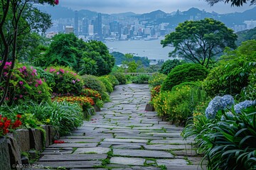 Obraz premium A winding stone pathway leads through vibrant gardens filled with colorful flowers, offering a view of Hong Kong's skyline and mountains under a moody sky