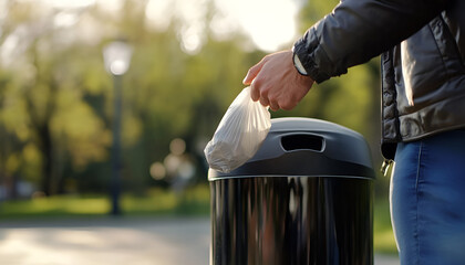 Man throwing trash bag into bin outdoors, closeup