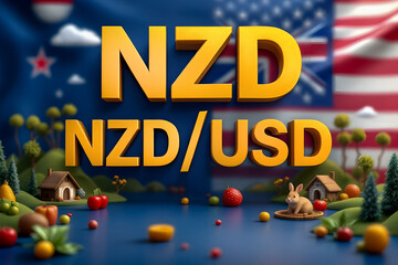 Gold volumetric letters NZD/USD against the background of the US and New Zealand flags. Currency market. Finance.