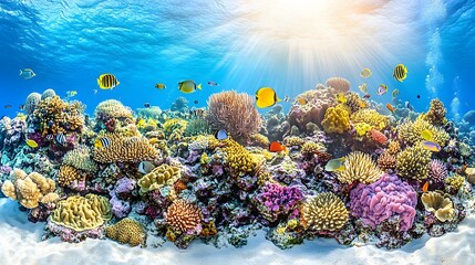 Obraz premium Vibrant Coral Reef Teeming With Colorful Fish Under Sunlit Waters of Clear Ocean