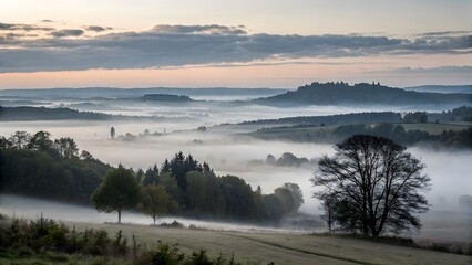 Obraz premium Serene Sunrise Mist Rolling Over Rolling Hills and Forest Landscape