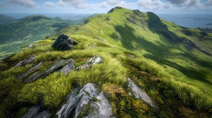 Naklejka premium Lush Green Mountain Landscape Under a Clear Sky with Rolling Hills and Scenic Views