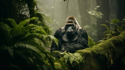 A mountain gorilla sitting in the jungle, left empty space, soft forest green background,generative ai illustration