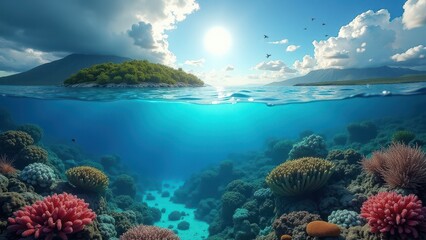 Obraz premium Vibrant coral reef underwater with colorful corals and sunlight streaming through clear water 