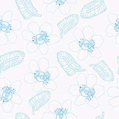 flowers and flowers line art blue colors vector seamless pattern
