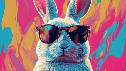 Cool Bunny in Sunglasses: Vibrant Colorful Background, Happy Easter, Spring Vibes, Summer Fun, Cartoon Rabbit, Trendy Sunglasses, Pop Art Style, Cute 