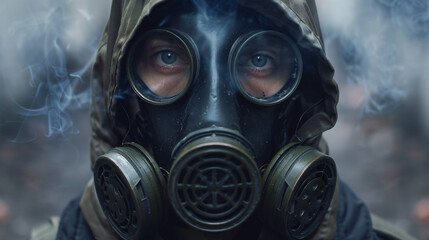 Man wearing a gas mask and goggles is standing in front of a cloud of smoke