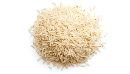 Pile of raw basmati rice isolated on white, top view