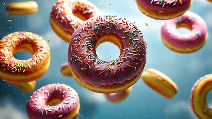 Colorful Donuts in Mid-Air against a Sky Background