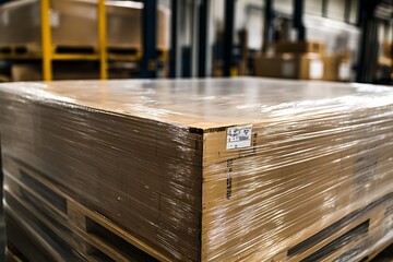 Large Pallet of Cardboard Boxes Wrapped in Plastic Film in a Warehouse