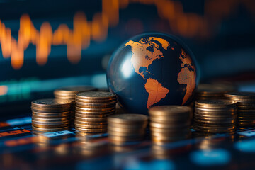 Conceptual image of global finance with stacked coins and a world globe against a digital backdrop of stock market trends, financial graphs, and fluctuating data, symbolizing economic growth and trade
