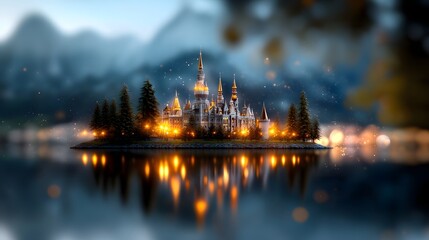 Fototapeta premium Futuristic holographic princess castle with intricate glowing spires and shimmering neon turrets set in a digital fantasy wonderland with a serene lake reflection This cinematic