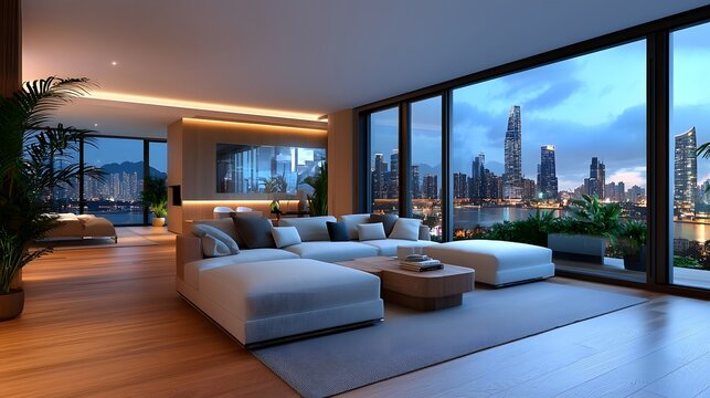 Futuristic luxury apartment interior with digital glass walls displaying an interactive cityscape view  The space features modern