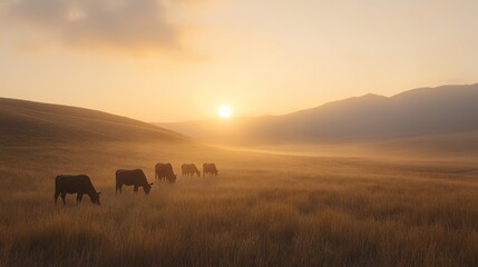 Fototapeta premium Cows Grazing in Golden Field at Sunrise Serene Rural Scene