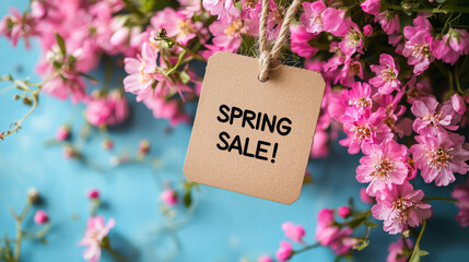 Sign hanging from a pink flower bush that says Spring Sale