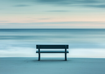Solitary bench facing the calm ocean under a soft pastel sky, creating a peaceful and meditative atmosphere in a minimalist and tranquil seascape setting