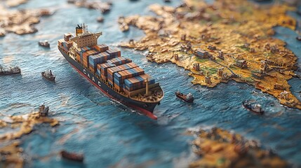 Miniature fleet of cargo container ships sailing across a vintage trade map representing the global commerce logistics