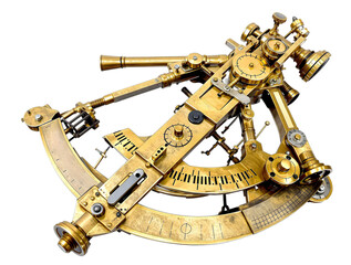Antique Brass Sextant, Vintage Nautical Navigation Instrument on Transparent Background 
