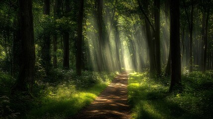 Fototapeta premium Serene forest pathway with sunlight filtering through the lush verdant trees creating an eco friendly and ethereal atmosphere perfect for Earth Day or nature inspired imagery