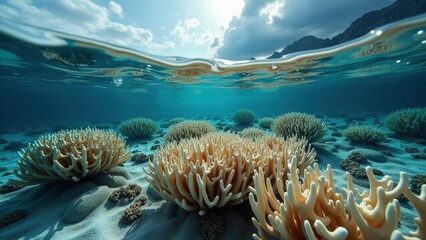 Underwater scene of bleached coral reef with sunlight streaming through clear ocean water	