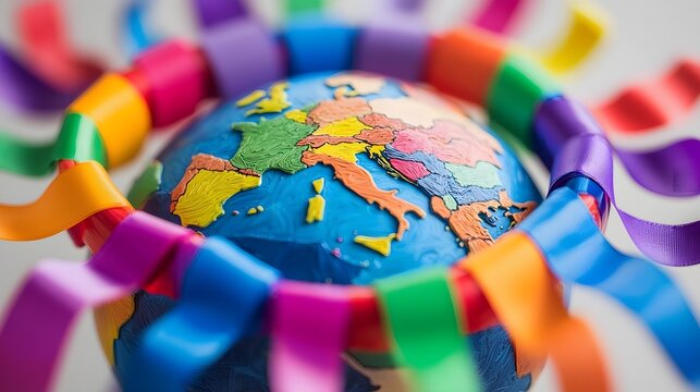 Stylized and abstract visual representation of the globe with a focus on the continents of Europe and Africa encircled by a composition of colorful ribbons to symbolize international causes diversity