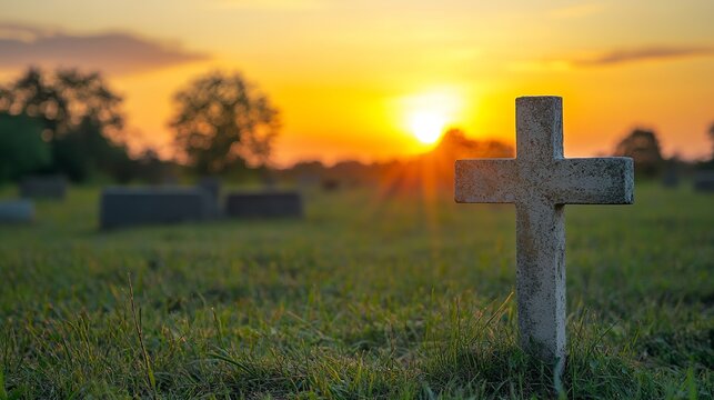 Sunset Serenity: A Cross Silhouetted Against the Grave Entrance at Golden Hour. Peaceful, evocative imagery perfect for remembrance, faith, and       