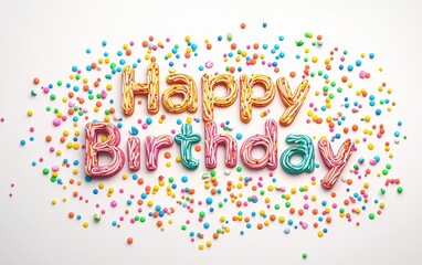 Fototapeta premium Of Happy Birthday made of creamy vanilla frosting with sprinkles isolated on white background