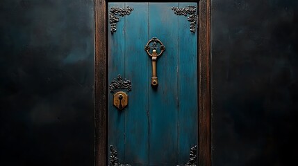 Fototapeta premium Intricate Teal Door with Ornate Key Knocker - Dark Studio Photography AI Generated