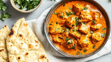 A comforting bowl of tikka masala on a soft linen napkin, with golden-brown naan torn into pieces and placed beside it