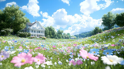 Spring house, flower field, sunny day, idyllic landscape, home brochure