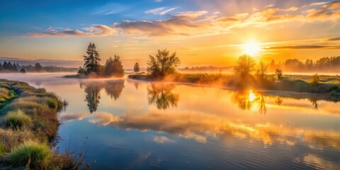 Fototapeta premium A serene and peaceful dawn scene with mist rising from the water as the sun rises over the Snohomish River Delta in Everett WA , dawn light, scenic sunrise