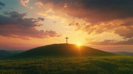 Obraz premium Serene Hilltop Cross: A Majestic Symbol of Faith and Hope, bathed in the golden light of dawn. Perfect for religious, spiritual, or inspirational 