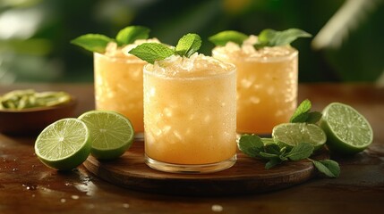 Tropical cocktails on wooden board, amidst lush foliage, ready to serve