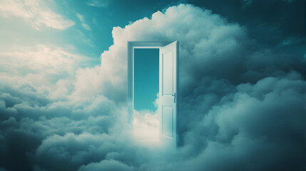 Heaven resurrections door. Ascension to the kingdom of heavens with closed doors. Door to heaven to the afterlife. Majestic shiny golden gate of heaven with fluffy clouds. Closed doorway to heaven