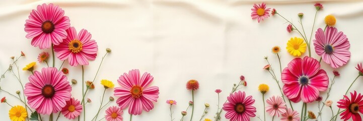 Vibrant wildflowers in shades of pink and yellow on cream-colored background fabric silk, floral motifs, pastel colors, pale background