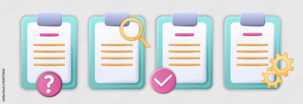 Poster 3d check. Document with magnifier and cogwheels. Paper page at clipboard tablet. Checkmark and question icon. Agreement audit. Report information search. Vector render list sheets set
