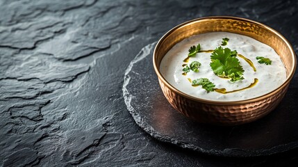 A gourmet presentation of tikka masala served in a gold-rimmed copper bowl, garnished with fresh coriander and a swirl of cream, on a dark slate background