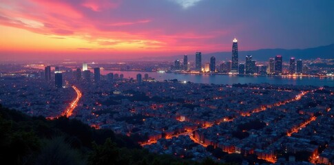 Fototapeta premium Vista panor?mica de la ciudad con torres y edificios iluminados al atardecer, ciudad, luz, urbanismo