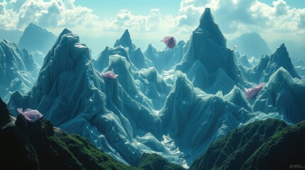 plastic peaks, surreal mountain range, synthetic nature, plastic drapery, futuristic ridges, glossy synthetic landscape, polymer cliffs, abstract plastic environment, fantasy scenery, dystopian world,