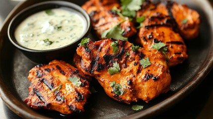 A modernist Michelin-starred tikka masala presentation, featuring foamed yogurt, grilled masala chicken, and an artistic sauce smear